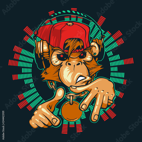 Monkey DJ. Monkey rapper. Chimpanzees with headphones