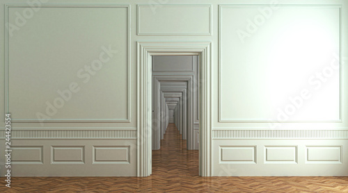 Interno architettonico vuoto con un'infinita sequenza di porte comunicanti, illustrazione 3d, rendering 3d. photo