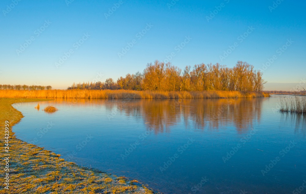 Frozen lake in the light of sunrise below a blue sky in winter