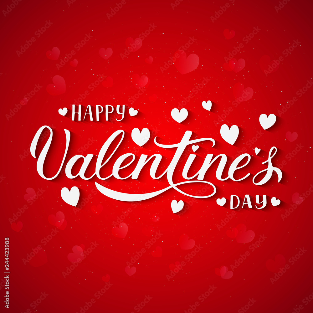 Happy Valentine’s Day hand lettering with hearts on red background. Valentines day greeting card. Easy to edit vector template
