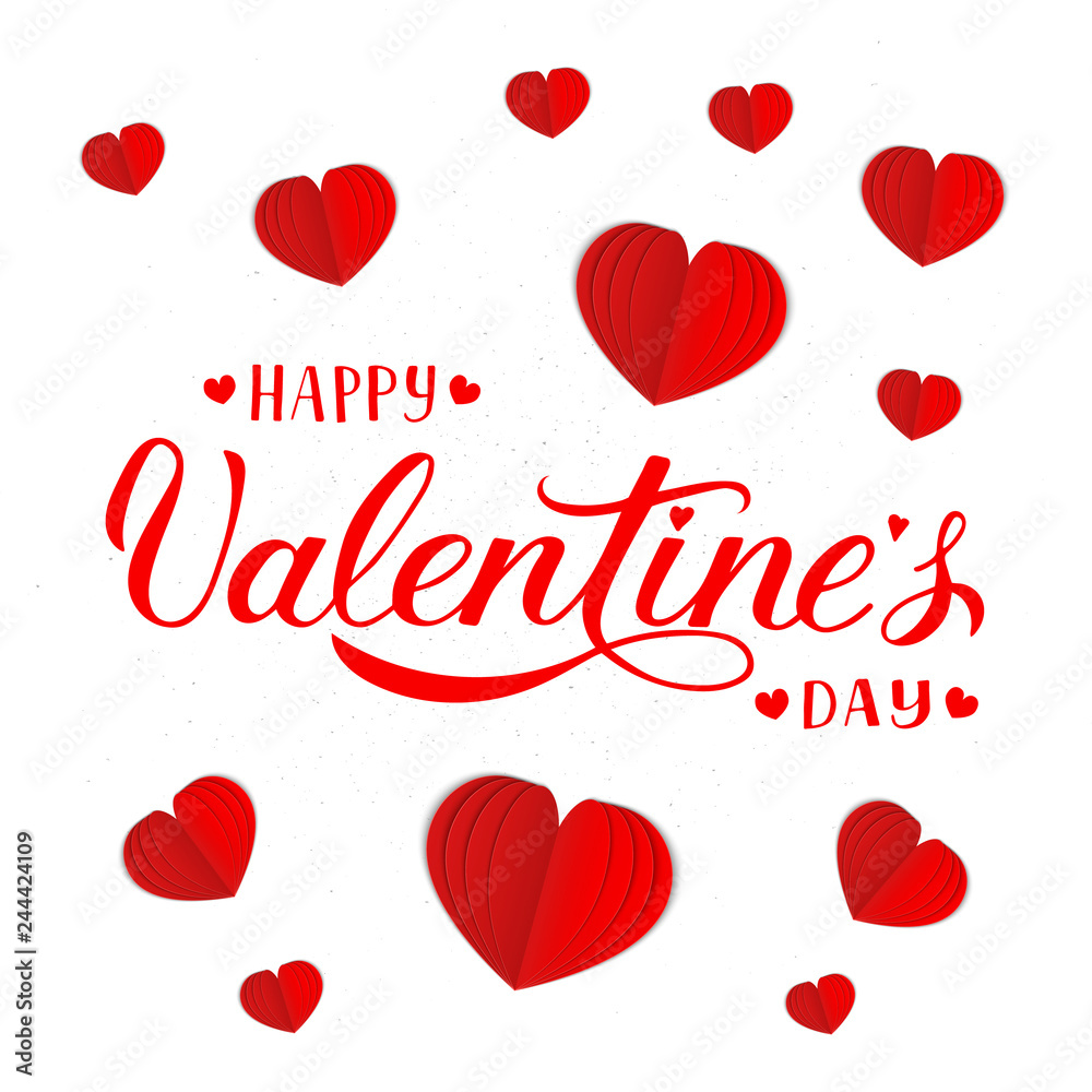 Happy Valentine’s day banner with calligraphy hand lettering and 3d paper cut hearts. Valentines day greeting card. Vector illustration. Easy to edit design template.