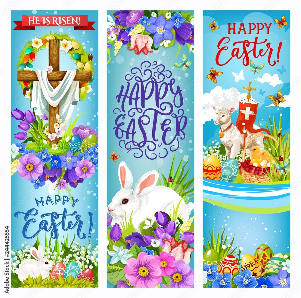 Naklejka premium Easter cross with eggs, bunnies, chick and flowers