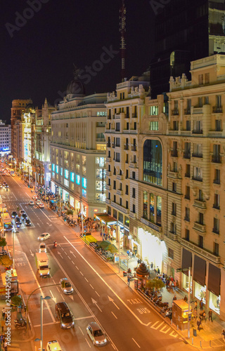 Gran Via street, at night, Madrid, Spain