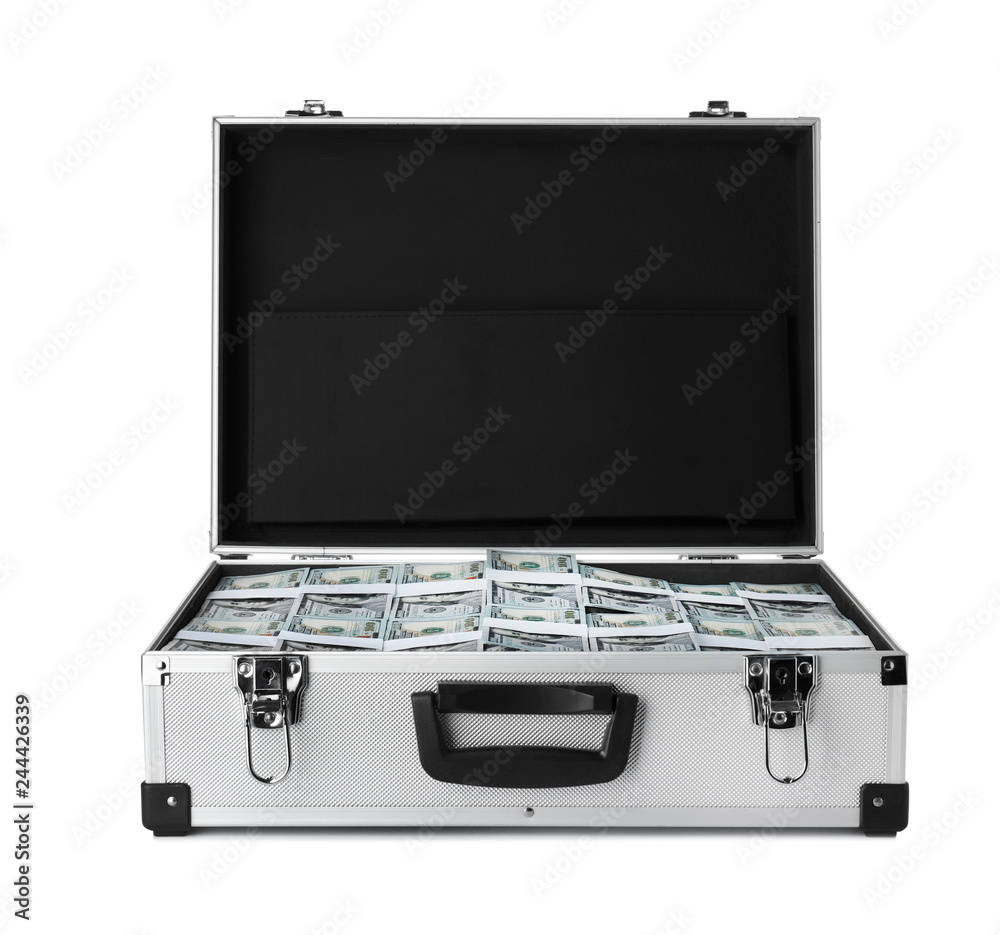 Open suitcase full of money on white background Open suitcase full of money on white background