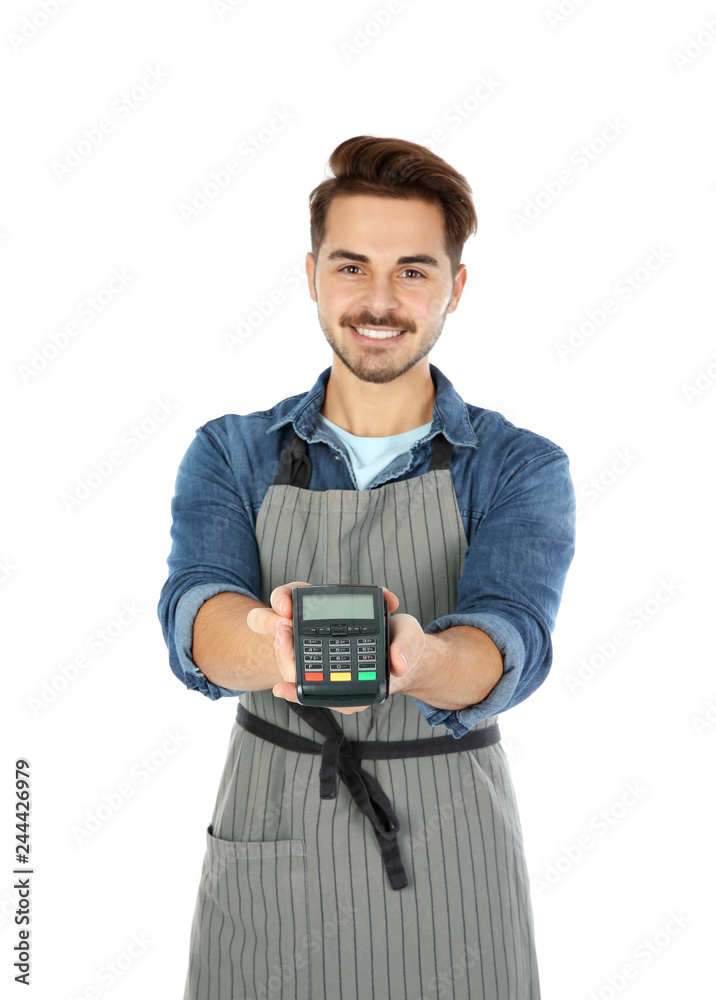 Waiter with terminal for contactless payment on white background Waiter with terminal for contactless payment on white background