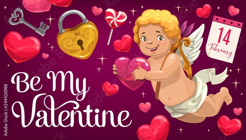 Valentines Day Cupid with hearts. Greeting card