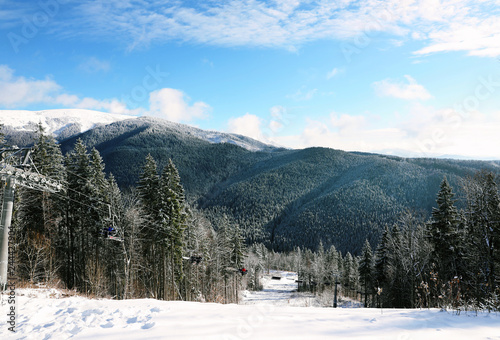 Wallpaper Mural Beautiful mountain landscape with forest and ski lift on sunny day in winter Torontodigital.ca