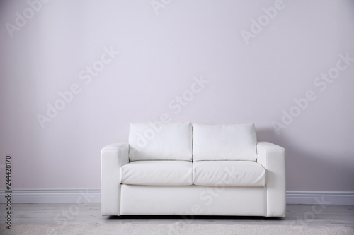 Simple living room interior with comfortable sofa near white wall. Space for text photo