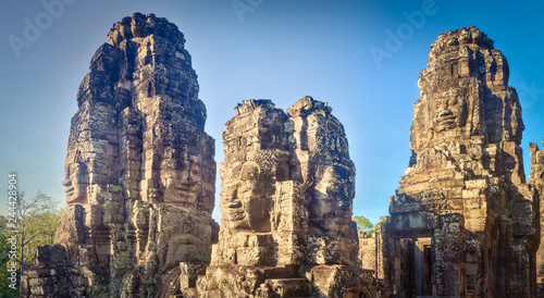 Buddha faces in Bayon temple in Angkor Thom. Siem Reap. Cambodia. Panorarma