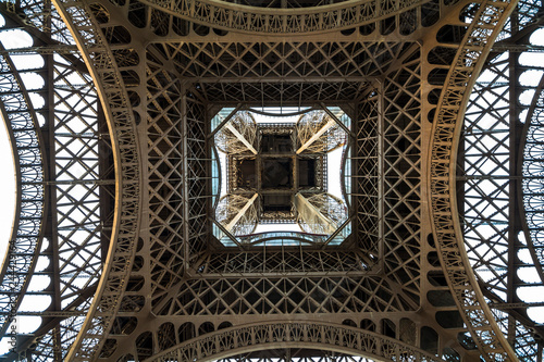 View on Eiffel tower from below in the evening, Paris