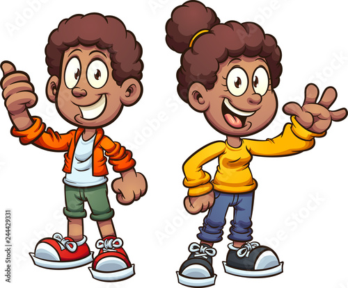 Happy black cartoon kids waving