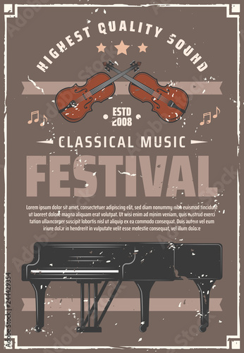 Music festival retro poster with piano and violin