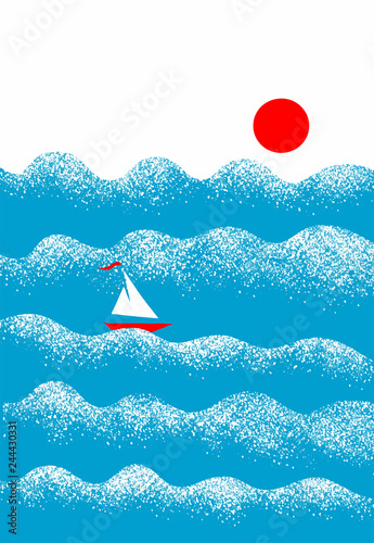 boat on the sea, stipple airbrush style digital art