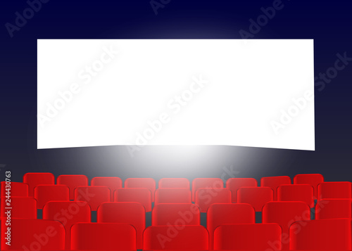 Cinema screen with red seats.