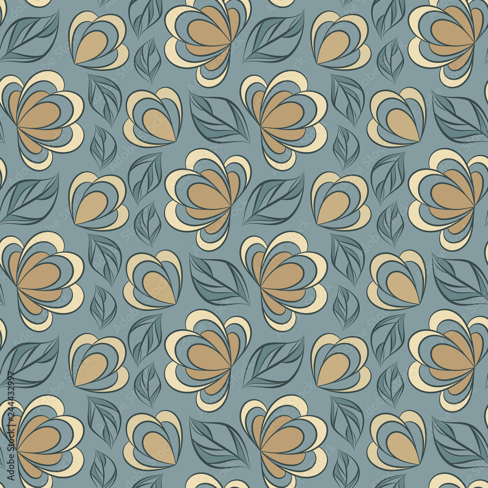 Seamless vector floral pattern with abstract flowers and leaves in beige colors on blue-gray background Seamless vector floral pattern with abstract flowers and leaves in beige colors on blue-gray background