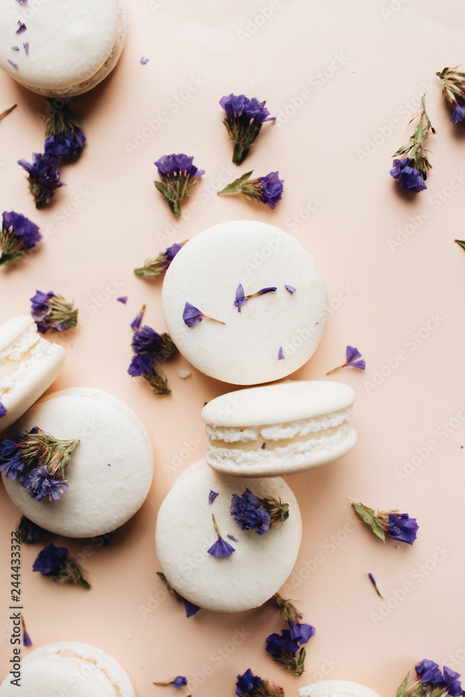 Obraz premium Composition of delicious macaroons and purple flowers 