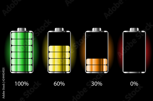 Battery charge status with lighting. Battery indicators with low and high energy levels. Full charge energy for mobile phone. Accumulator indicator icon of power level. Isolated on black background.