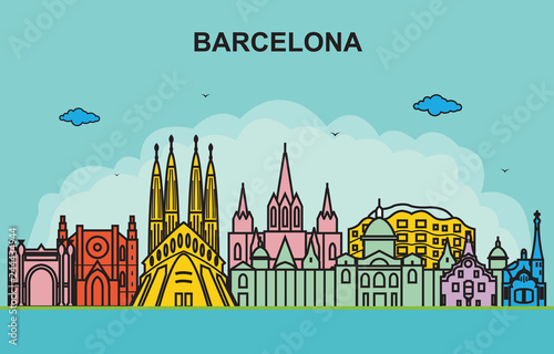Barcelona City Tour Cityscape Skyline Colorful Illustration