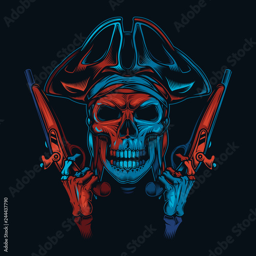 Skull pirate in a cocked hat with guns in his hands. Original vector illustration in vintage style. Print on t-shirt.