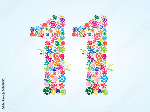 Vector Colorful Floral 11 Number Design isolated on white background. Floral Number Eleven Vector Typeface.