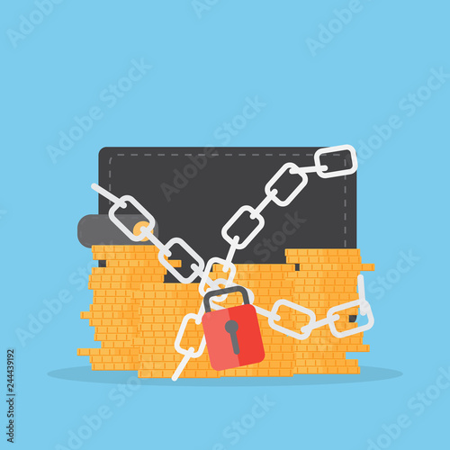 Wallet and coins with lock. Business elements. Vector illustration. Concept for financial growth.