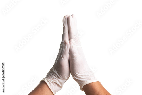 Doctor hand in white latex sterile gloves isolated on white