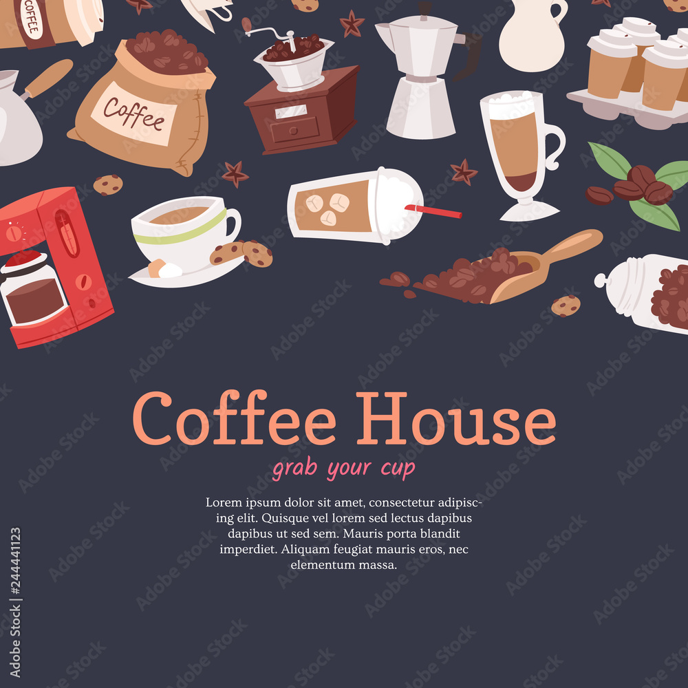 Fotografie Coffee house banner, poster vector illustration with cartoon cappuccino, cups, seeds arabica, cinnamon, milk, coffee pot, cookies, anise and sugar for coffee house service