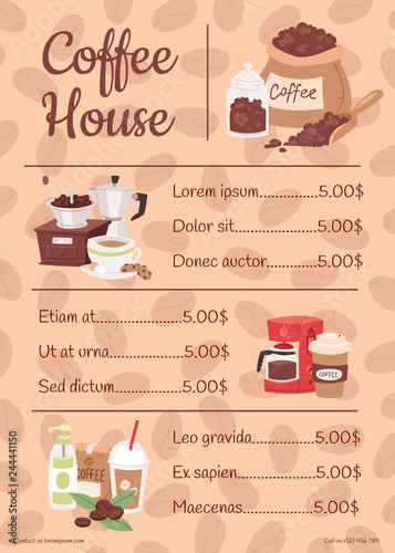 Menu for coffee house with price list vector illustration with cartoon cappuccino, late, cups, seeds arabica, cinnamon, milk, coffee pot, cookies, anise and sugar. Cafe, restaurant.