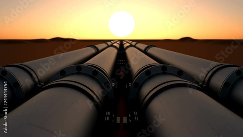 Pipeline transport oil, natural gas or water in a metal pipe. Oil concept. Looped animation of camera movement over the oil pipeline right at sunset