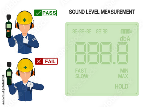 Worker is presenting result(pass and fail) of sound level measurement.On the display screen of sound level meter can be assigned number easily.