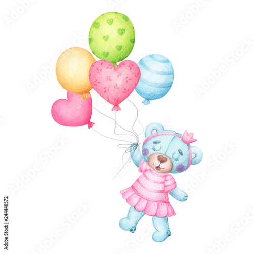 Watercolor teddy bear character with patterned balloons