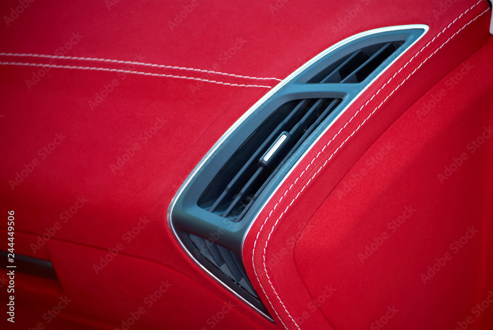 Car deflector. Car interior details. Red and black alcantara with stitching