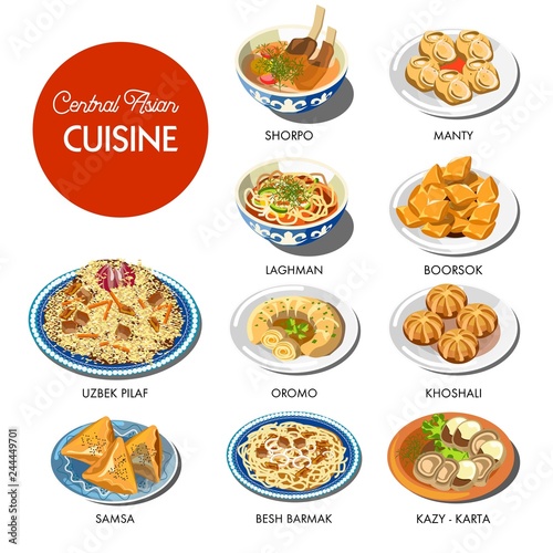 Central Asian food cuisine traditional dishes vector photo