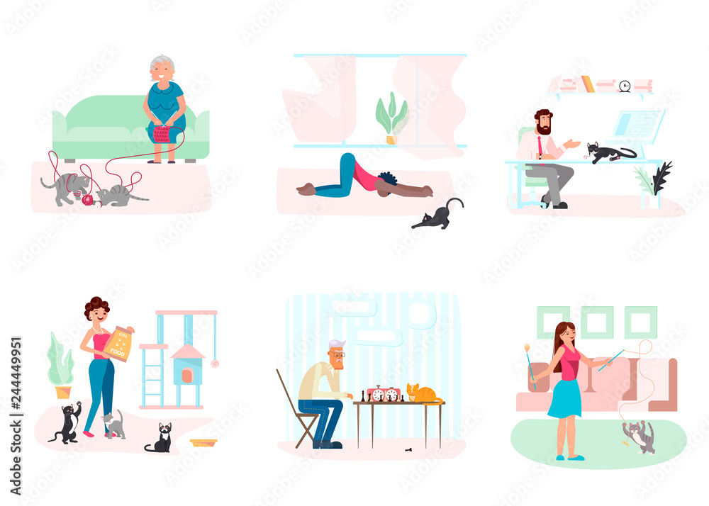 Set of cat owners characters and cute domestic animals Set of cat owners characters and cute domestic animals