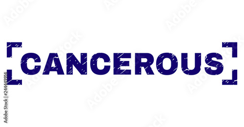 CANCEROUS label seal stamp with grunge texture. Text label is placed between corners. Blue vector rubber print of CANCEROUS with grunge texture.