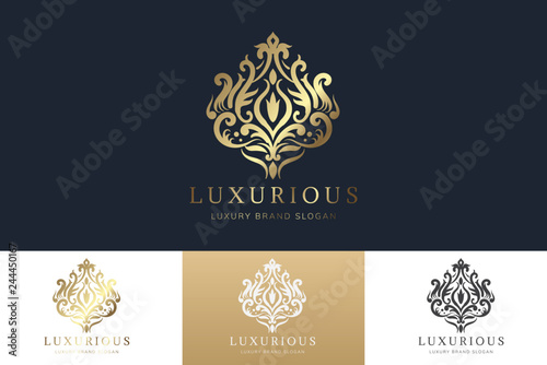 Luxury Logo Template  with Luxurious Golden monogram crest  and baroque style design for wedding invitation, Hotel, Boutique brand identity. Vector Illustration.