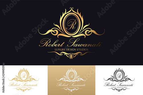 Luxury Logo Template  with Luxurious Golden monogram crest  and baroque style design for wedding invitation, Hotel, Boutique brand identity. Vector Illustration.