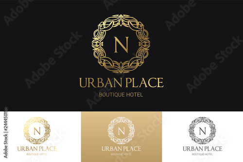Luxury Logo Template with Luxurious Golden monogram crest and baroque style design for wedding invitation, Hotel, Boutique brand identity. Vector Illustration.