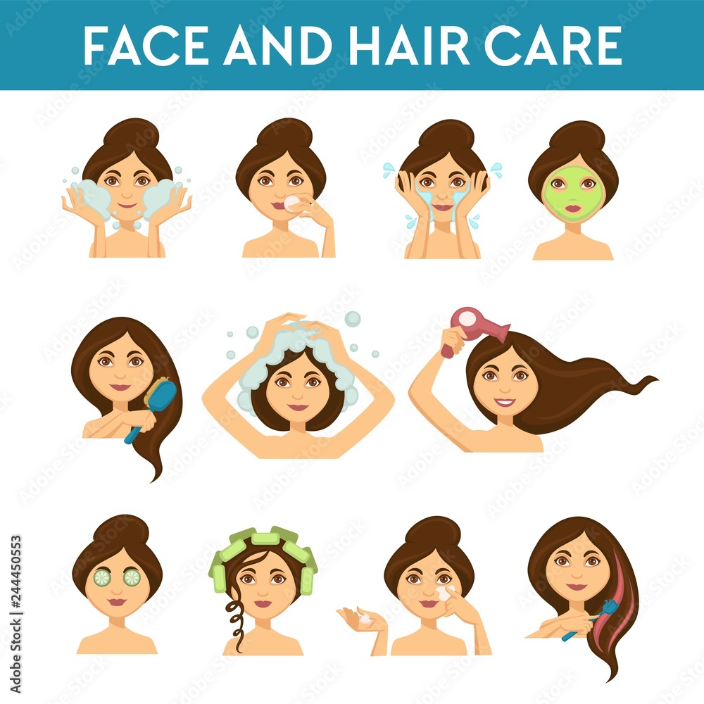 Face and hair care female beauty daily procedures Face and hair care female beauty daily procedures
