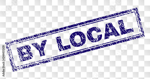 BY LOCAL stamp seal print with rubber print style and double framed rectangle shape. Stamp is placed on a transparent background. Blue vector rubber print of BY LOCAL text with unclean texture.