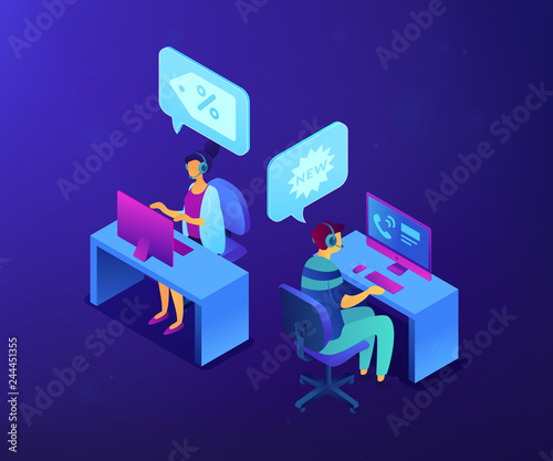 Operators with headsets calling potential customers to support or make a sale. Cold calling, old school marketing, telemarketing sales concept. Ultraviolet neon vector isometric 3D illustration.