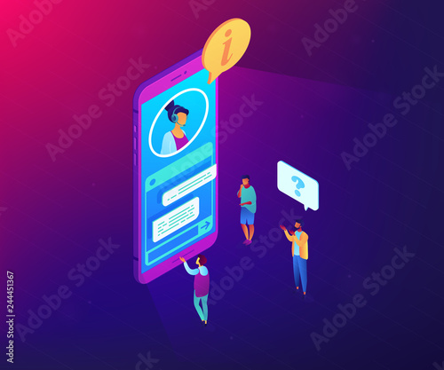 Customers asking for information electronic support in mobile phone. Customer self-service, e-support system, electronic customer support concept. Ultraviolet neon vector isometric 3D illustration.