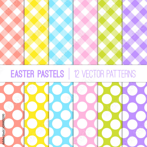 Easter Colors Gingham Plaid and Jumbo Polka Dots Vector Patterns. Pastel Rainbow Backgrounds. Fresh Shades of Coral Orange, Yellow, Pink, Blue, Lime Green and Lilac. Pattern Tile Swatches Included.
