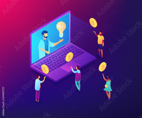 Businessman with idea on laptop rasing money via internet to support project. Crowdfunding, crowdsourcing project, alternative financing concept. Ultraviolet neon vector isometric 3D illustration.