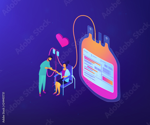 Doctor and donor sitting in chair and donating blood for transfusions. Blood donation, blood donor, hemolytic transfusion bank concept. Ultraviolet neon vector isometric 3D illustration.