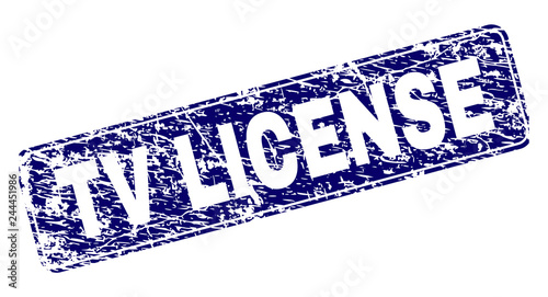 TV LICENSE stamp seal print with grunge style. Seal shape is a rounded rectangle with frame. Blue vector rubber print of TV LICENSE caption with dust style.