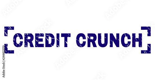 CREDIT CRUNCH text seal watermark with corroded texture. Text caption is placed between corners. Blue vector rubber print of CREDIT CRUNCH with grunge texture.