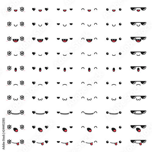 Cute kawaii emoji. Set of doodle cartoon faces