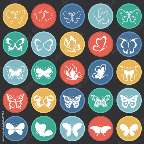 Butterfly icons set on color circles black background for graphic and web design, Modern simple vector sign. Internet concept. Trendy symbol for website design web button or mobile app