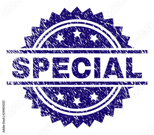 SPECIAL stamp seal watermark with distress style. Blue vector rubber print of SPECIAL text with grunge texture.